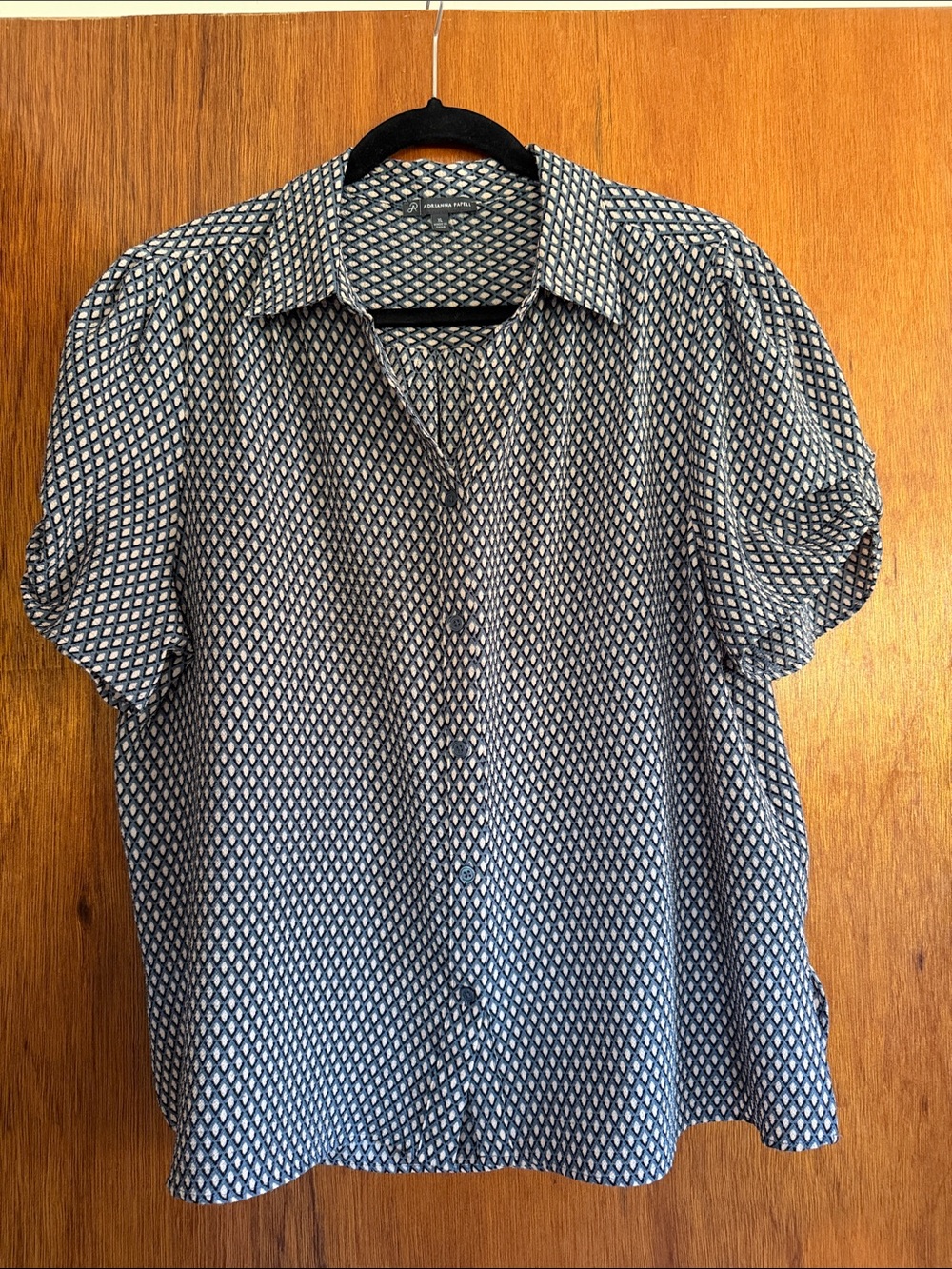Adrianna Papell Navy and White Geometric Button-Front Blouse